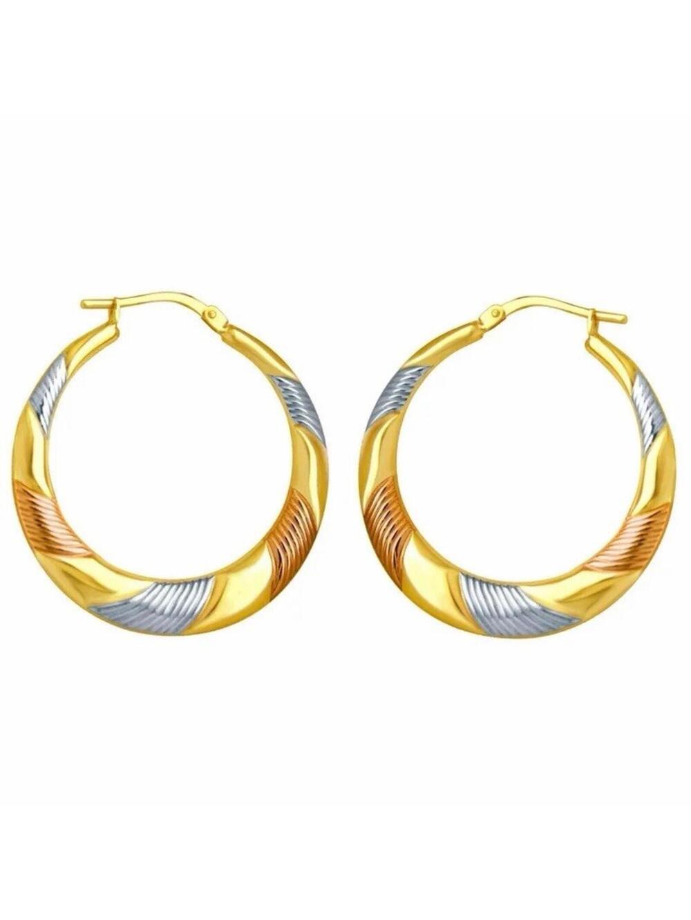 Brilliance Fine Jewelry 14K GP Sterling Silver Tri Color Striped Hoop Earrings